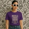 Close-up chest view of the masala chaos theory t shirt distressed typographic and tiger graphic detail