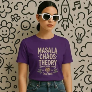 Close-up chest view of the masala chaos theory t shirt distressed typographic and tiger graphic detail