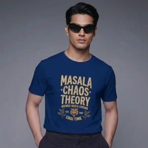 Man wearing a masala chaos theory graphic t-shirt