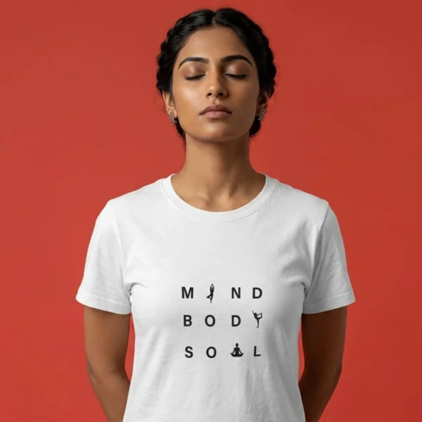Close-up chest graphic detail of the mind body soul t-shirt featuring stacked typography and yoga pose silhouettes