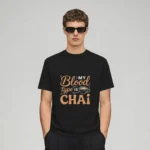 Man wearing a My blood type is chai graphic t-shirt