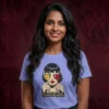 Close-up chest graphic detail of the my doctor says i need glasses t-shirt featuring wine glass frames and text