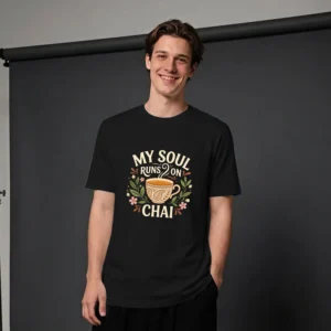 Man wearing a My soul runs on chai graphic t-shirt