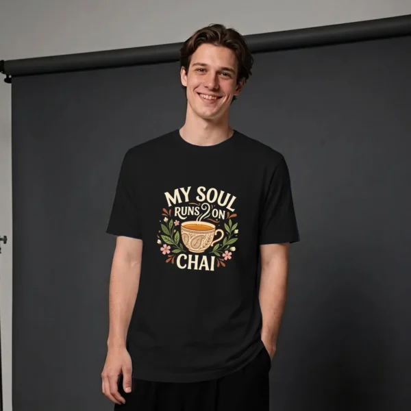 Man wearing a My soul runs on chai graphic t-shirt