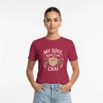 Close-up chest view of the my soul runs on chai t shirt typographic botanical detail