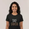 Close-up chest graphic detail of the sati savitri t-shirt featuring contrasted lettering and smoke wisp art