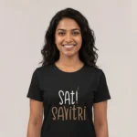 Close-up chest graphic detail of the sati savitri t-shirt featuring contrasted lettering and smoke wisp art