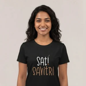 Close-up chest graphic detail of the sati savitri t-shirt featuring contrasted lettering and smoke wisp art