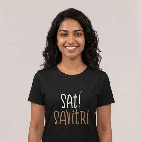 Close-up chest graphic detail of the sati savitri t-shirt featuring contrasted lettering and smoke wisp art
