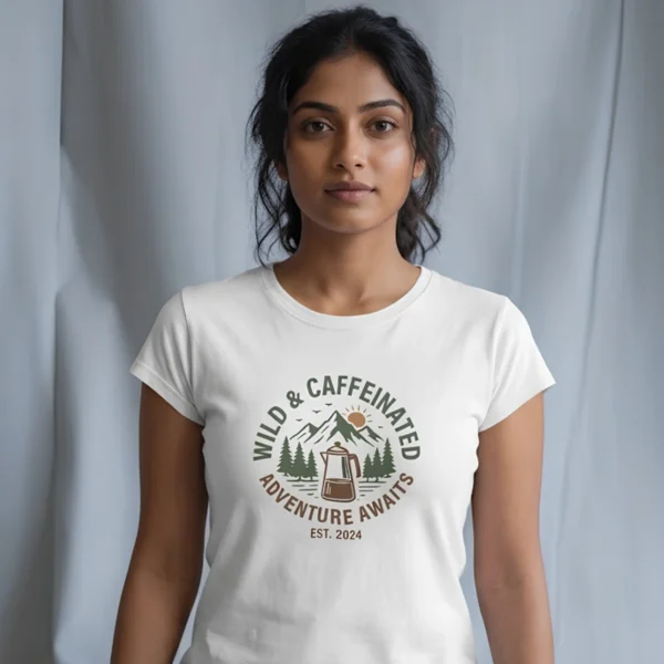 Close-up chest graphic detail of the wild and caffeinated t-shirt featuring circular typography and pine tree art