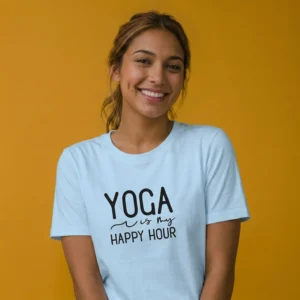 Model smiling facing camera wearing a yoga is my happy hour t-shirt