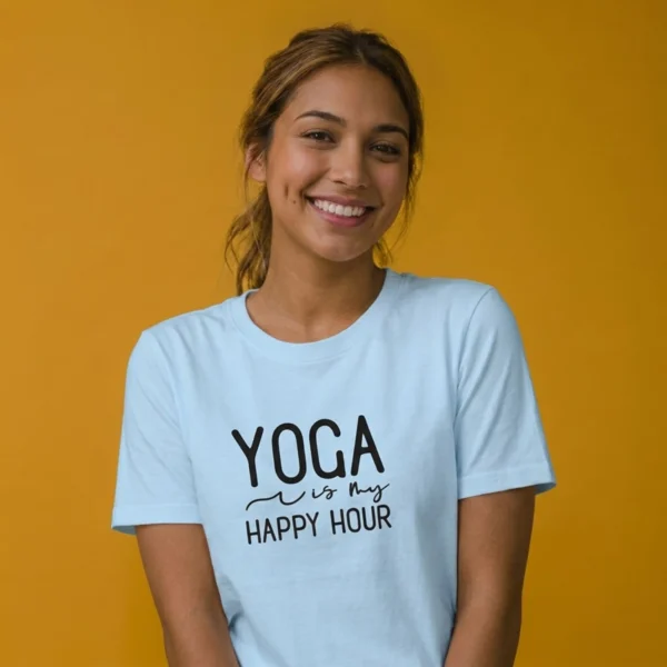 Model smiling facing camera wearing a yoga is my happy hour t-shirt