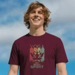 Close-up chest view of the yoga mind body spirit t shirt retro block graphic
